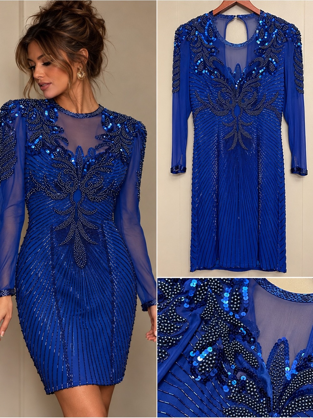 Vintage Alfred Angelo Sz. 10 Royal Blue Beaded Sequin Silk Formal Cocktail Dress